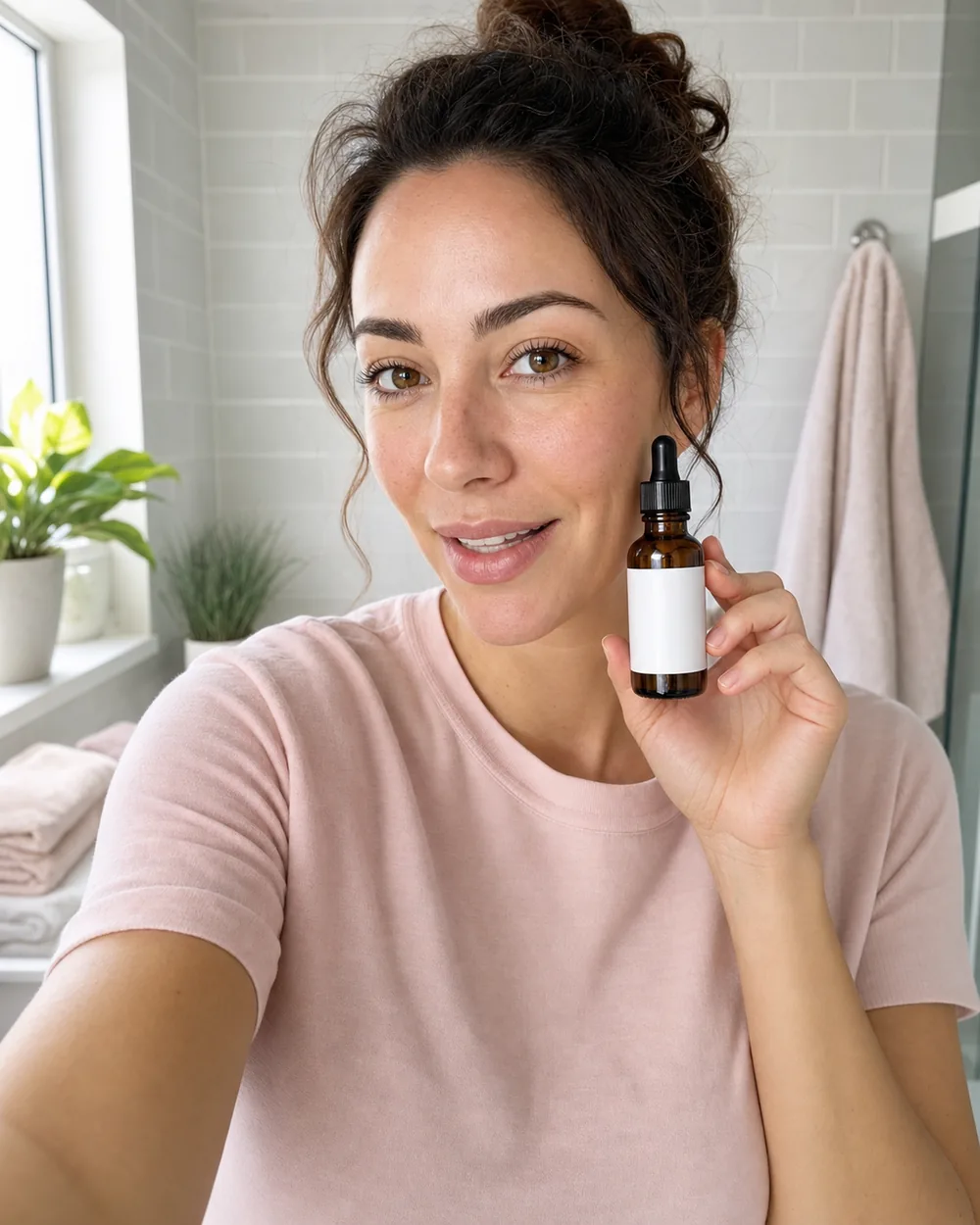 Adult creator holding an unbranded serum bottle